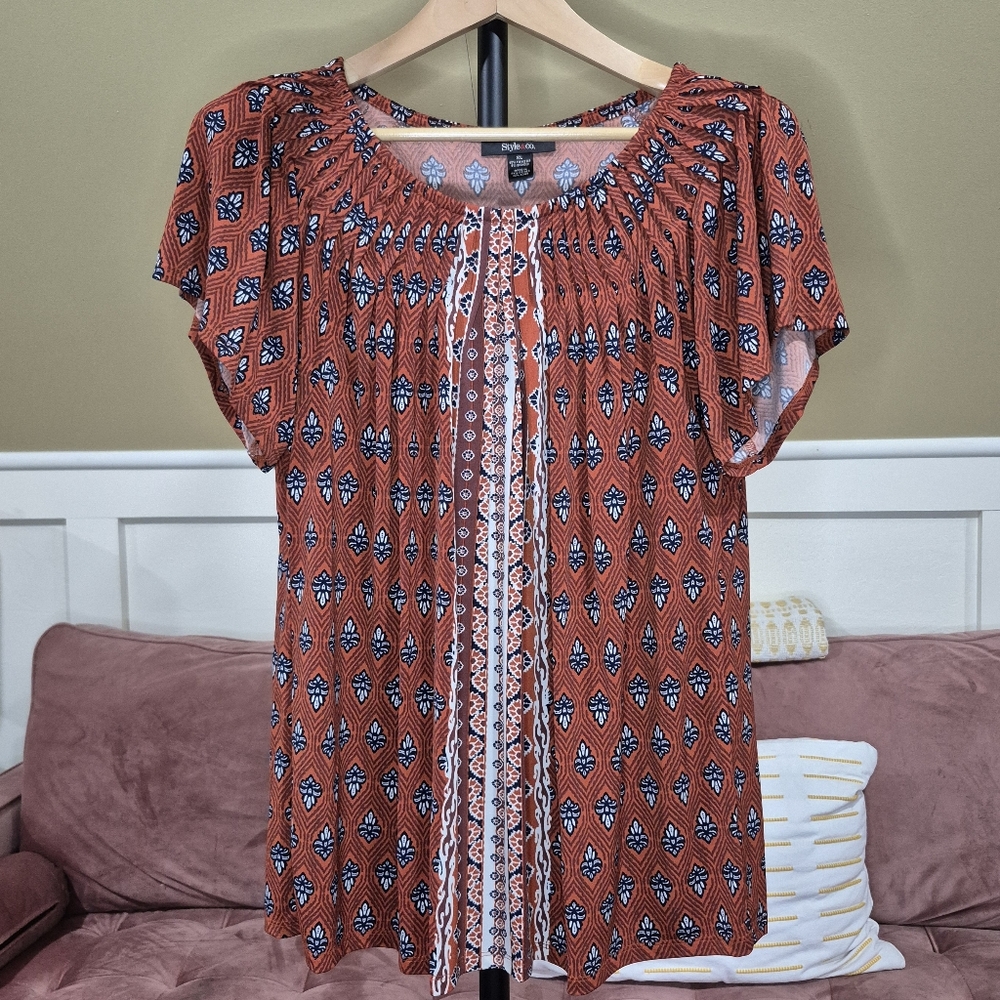 Style & Co. Terracotta Geometric Blouse
